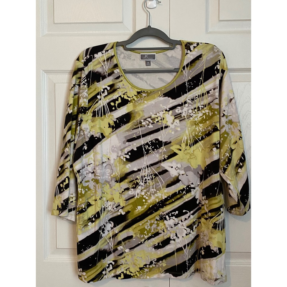 JM Collection Woman 3X Top Lime Green Black Abstract Strip 3/4 Sleeve Scoop Neck